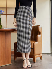Houndstooth Button One Step Skirt Skinny Maxi Back Split