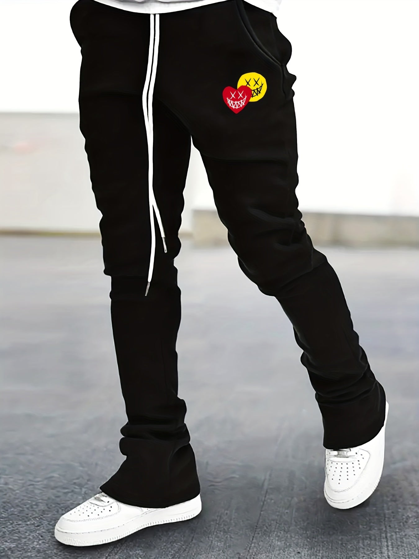 Men's Drawstring Bell Bottom Pants Smile & Heart Pattern