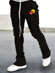 Men's Drawstring Bell Bottom Pants Smile & Heart Pattern