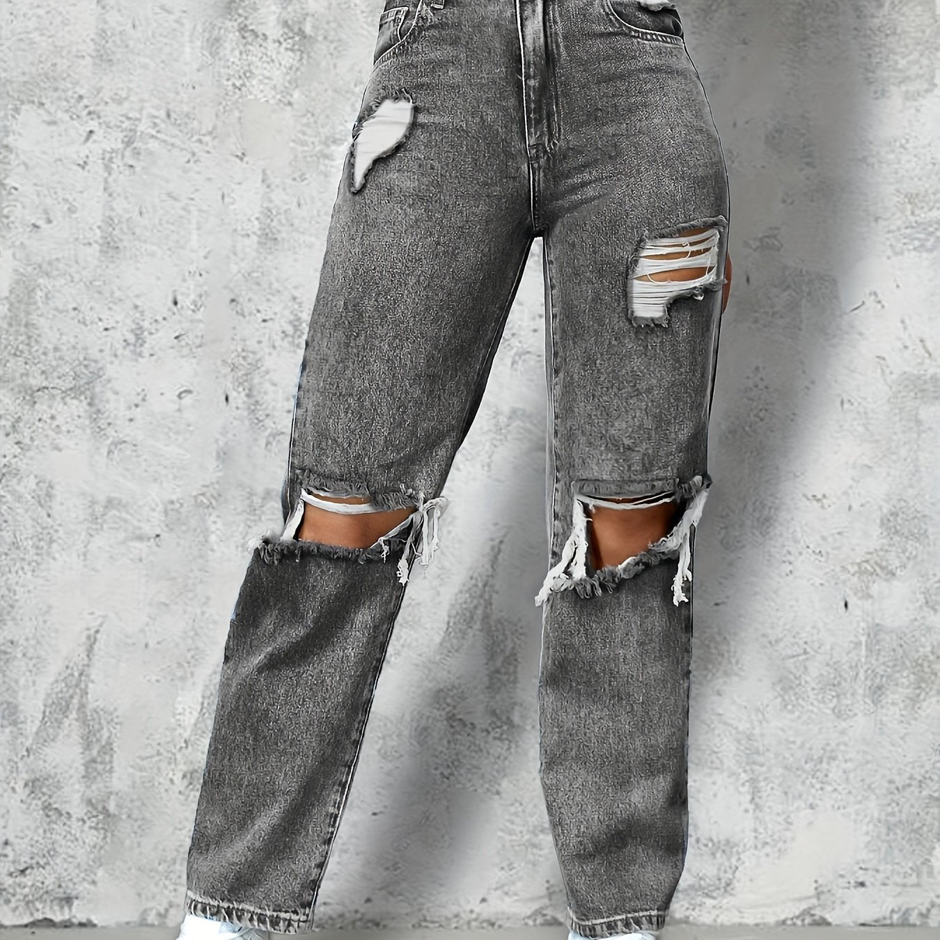 Dark Grey Ripped Straight Jeans High Rise Distressed Denim Pants