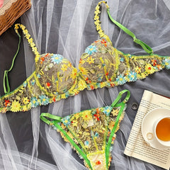 Floral Embroidery Lingerie Set Mesh Unlined Bra & Sheer Panties