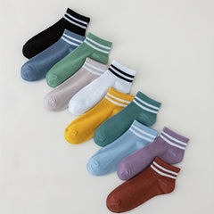 10 Pairs Striped Trim Crew Socks Lightweight Stockings for Women