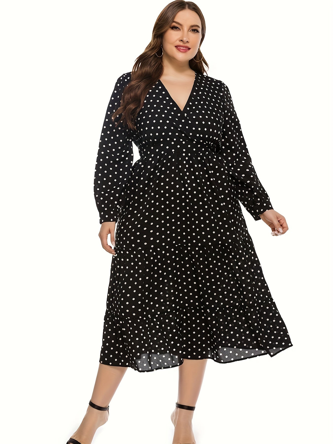 Dot Print Surplice Neck Midi Dress