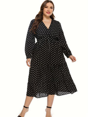 Dot Print Surplice Neck Midi Dress
