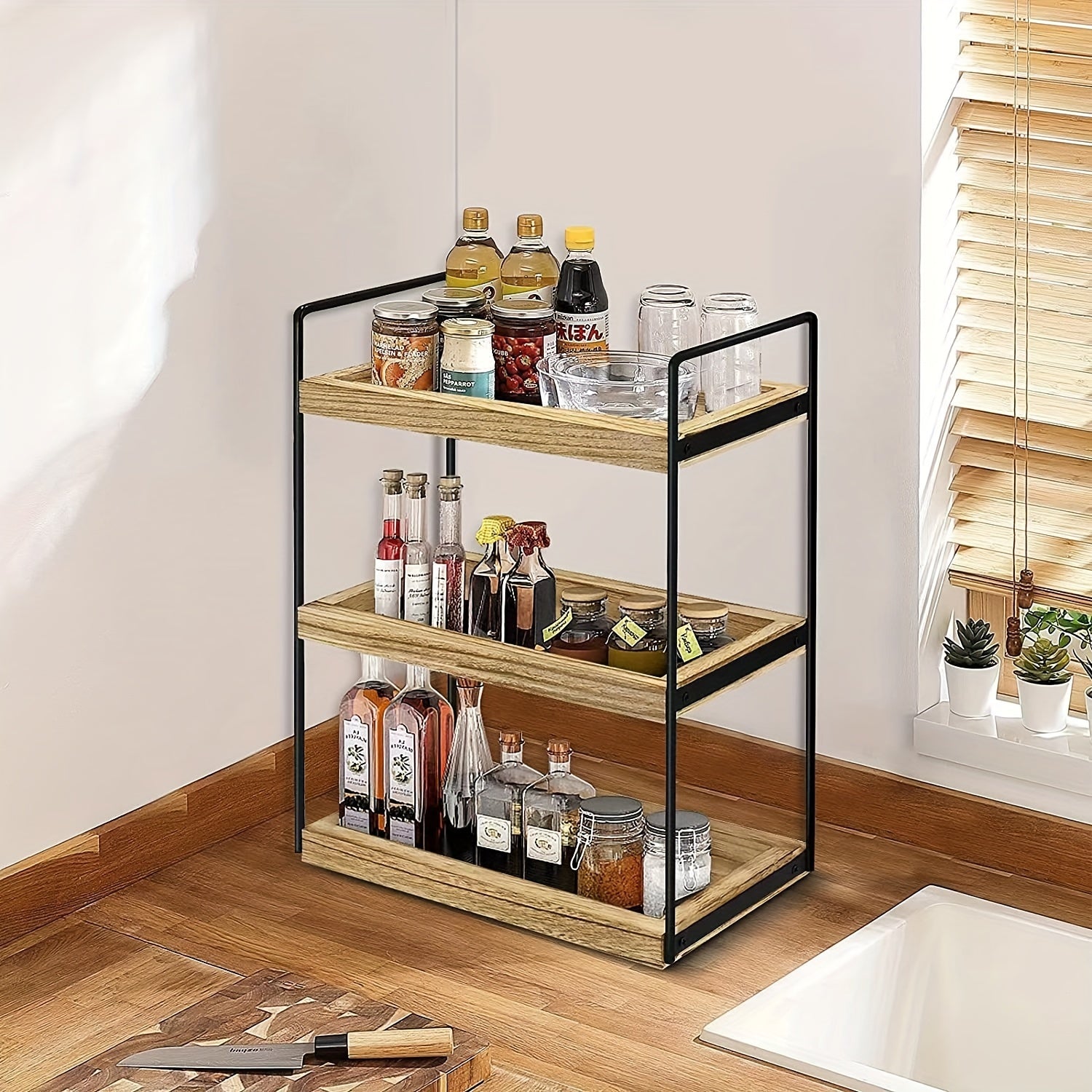 3 Tier Wooden Storage Rack Bathroom Kitchen Toiletries Flower Seasoning Shelf
