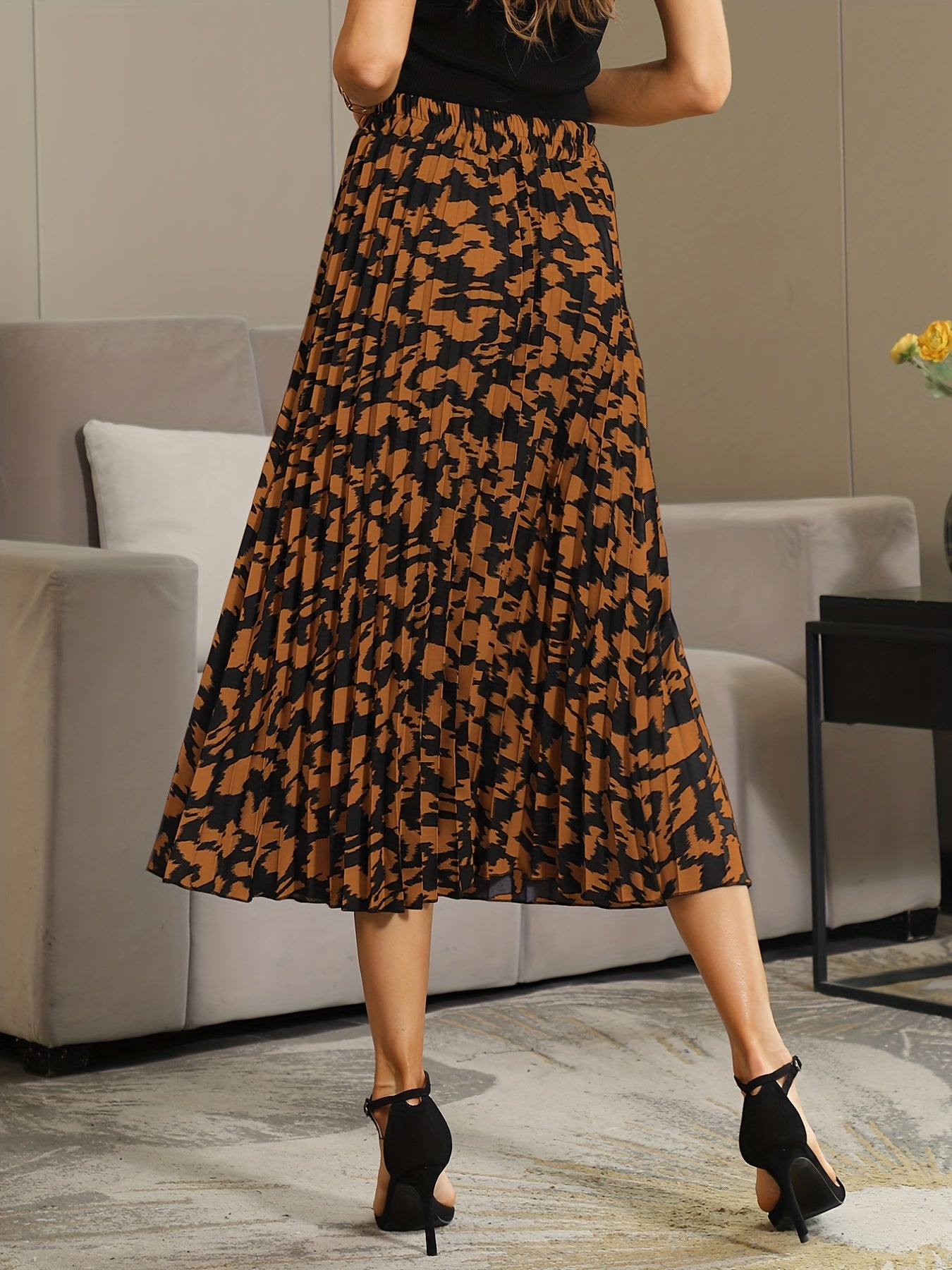 Printed Pleated Skirt Elastic Waist Spring & Summer Women's Clothing
