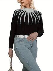 Block Knit Sweater High Neck Ribbed Sweater Women's Clothing