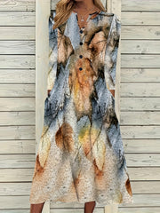 Women's Plus Tie Dye Leaf Print Button Decor Long Sleeve V Neck Dress