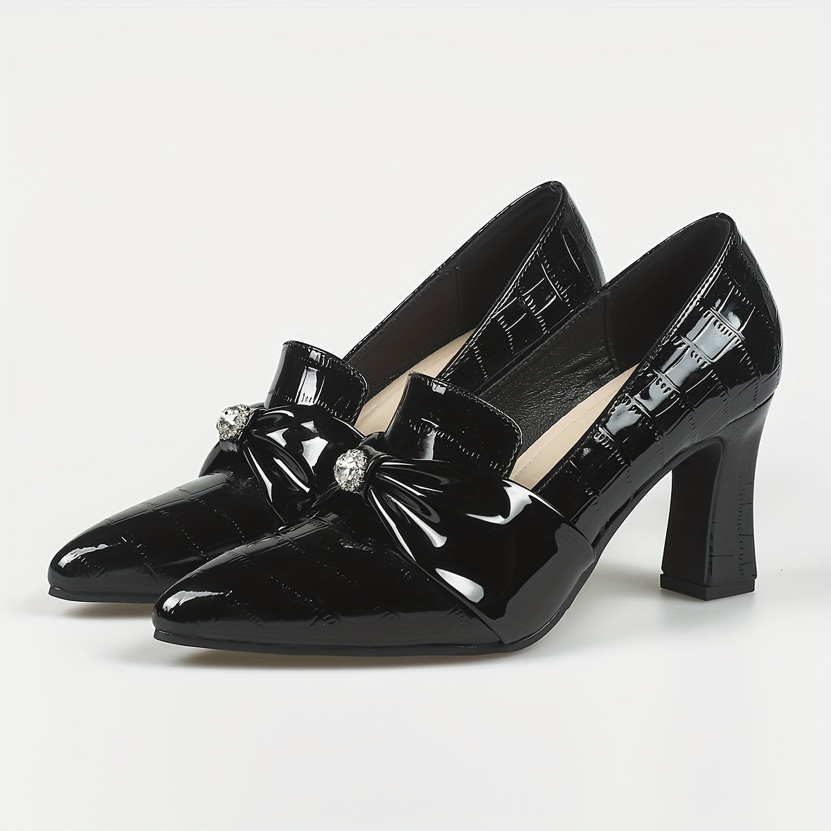 Women's Rhinestone Bowknot Slip On Point Toe Chunky Heel Shoes