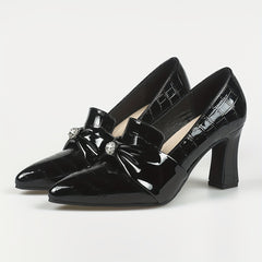 Women's Rhinestone Bowknot Slip On Point Toe Chunky Heel Shoes
