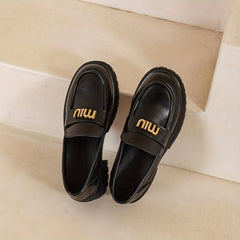 Women's Letter Decor Chunky Heel Loafers Slip On Shoes