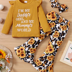 Girls Ruffle Shoulder Long Sleeve Top and Floral Print Flared Pants