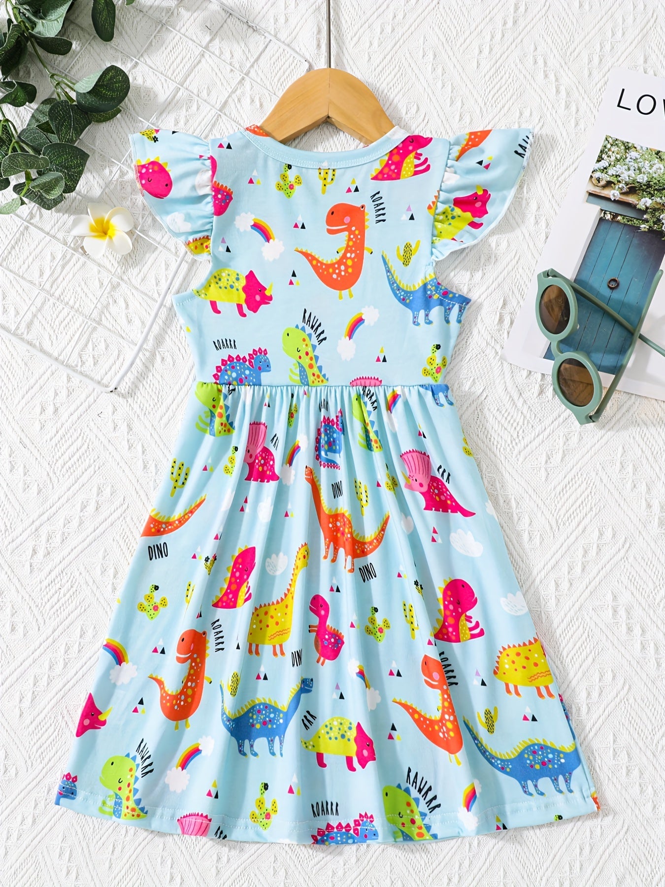 Girls' Fun Dino Cartoon Dress Short Sleeve Comfy Casual Party Vacation Kids Gift