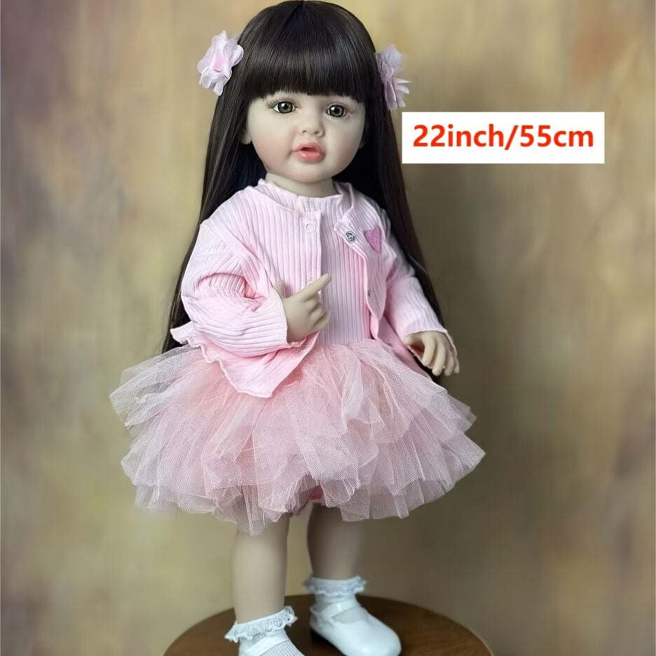 Lovely Pink 22 Inch Realistic Vinyl Reborn Youngsters Doll with Long Hair Wig
