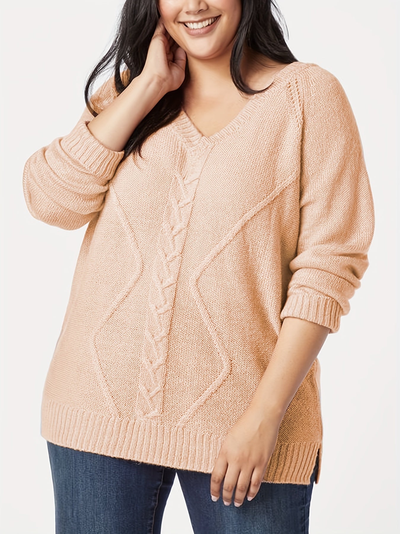 V Neck Long Sleeve Sweater Solid Jacquard Medium Stretch