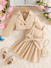 Baby Girl's 2pcs Set Lapel Long Sleeve Coat Belted Suspender Skirt Party Outfit
