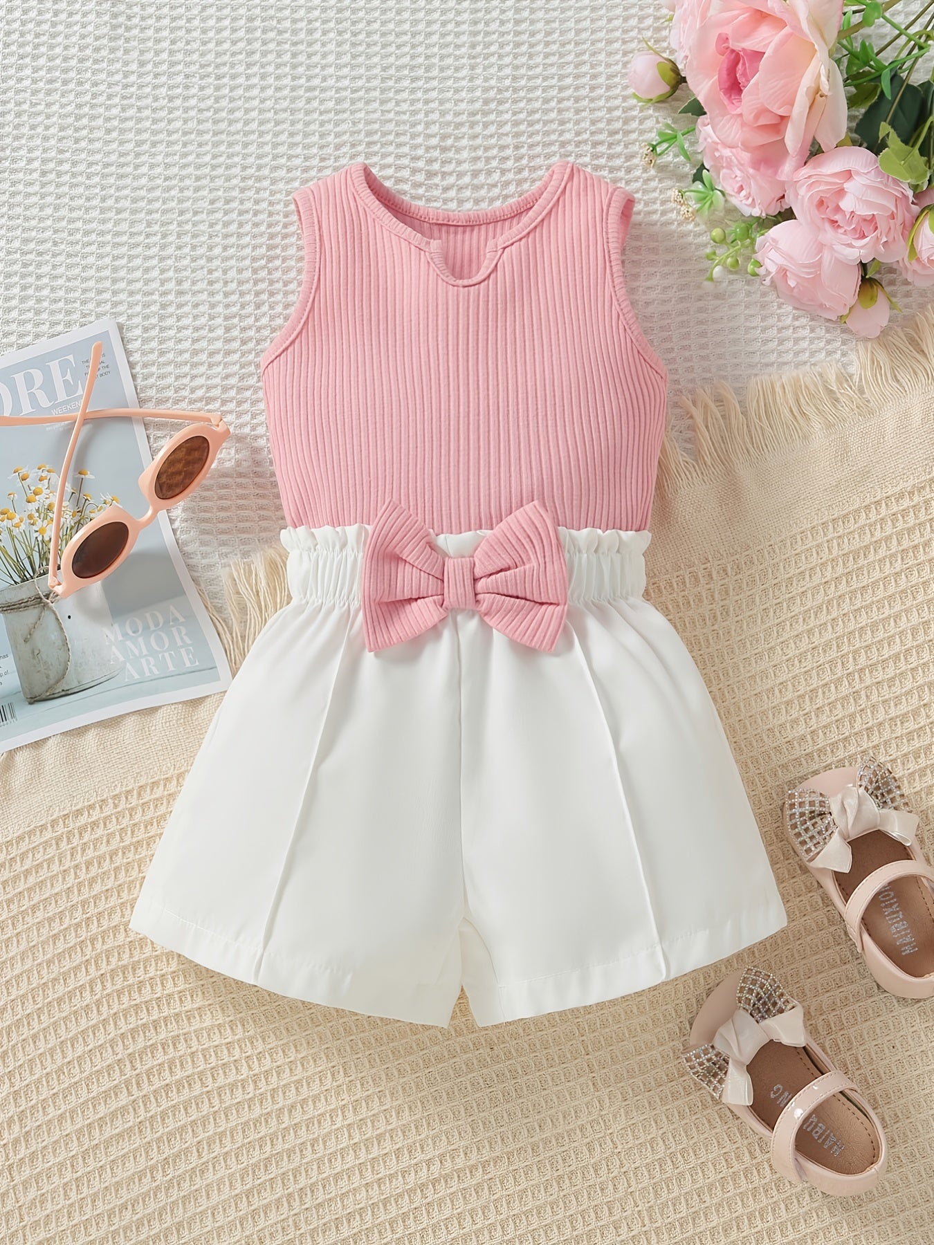 Striped Crop Top & Bow Shorts Set for Girls