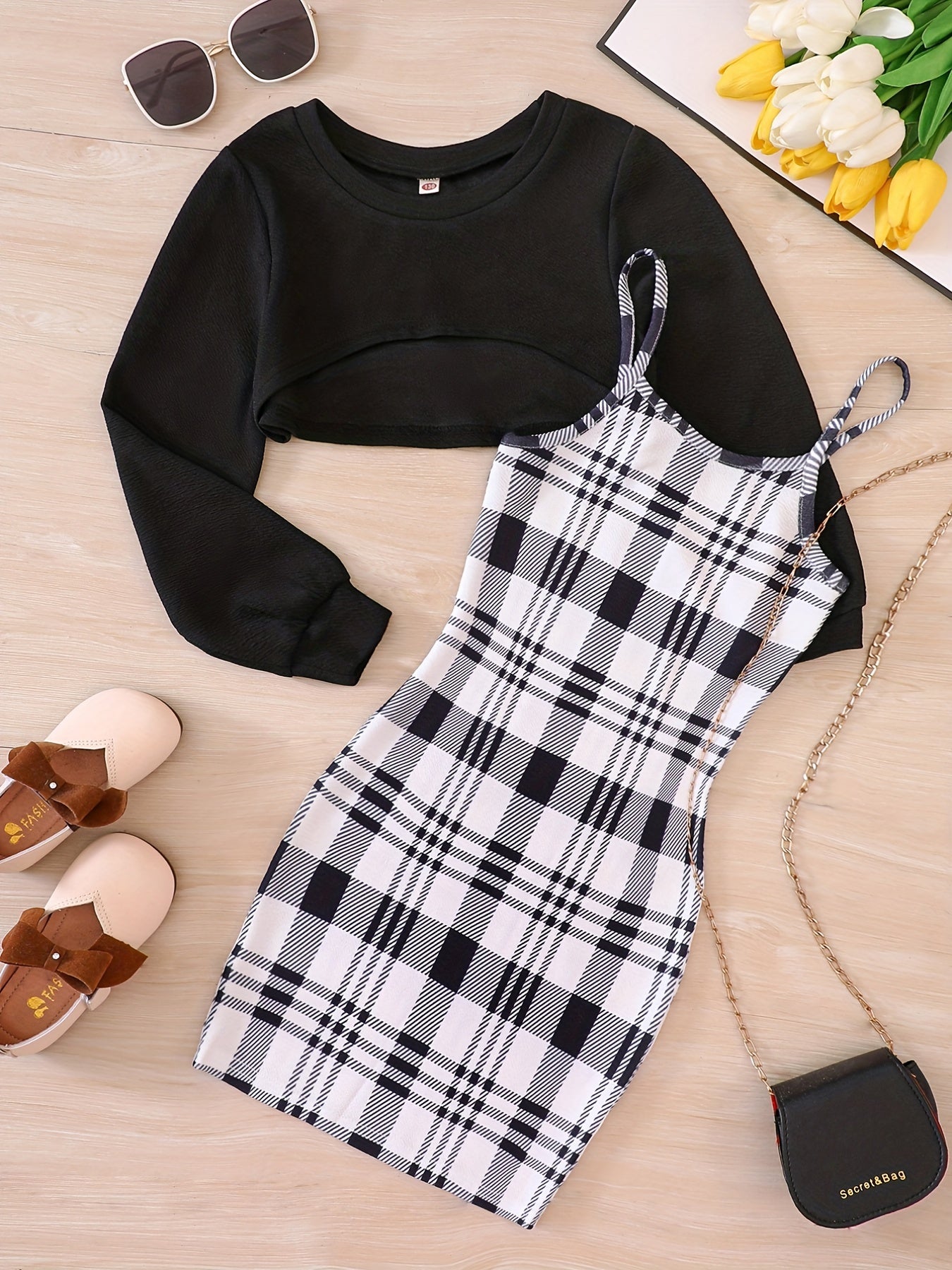 Girl's Plaid Sundress & Crop Sweatshirt Set for Spring Autumn