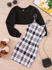 Girl's Plaid Sundress & Crop Sweatshirt Set for Spring Autumn