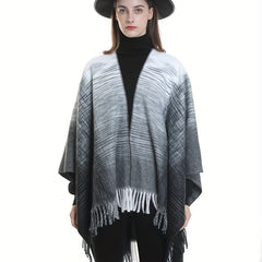 Striped Fringed Shawl Warm Poncho Cape
