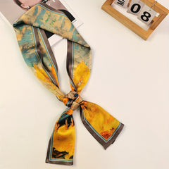 Floral Print Silk Neckerchief Long Ribbon Neck Scarf Hair Accessories