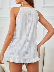 Eyelet Asymmetrical Halter Neck Top Solid Sleeveless Halter Top