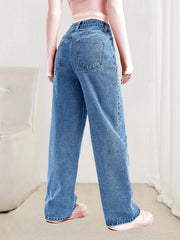 Loose Fit Straight Jeans Non Stretch Slash Pockets Baggy Denim Pants