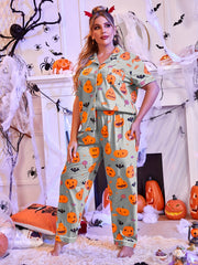Pumpkin & Bat Print Pajama Set for Women