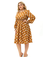 Dot Print Long Lantern Sleeve Midi Dress Women's Plus Round Neck Dress