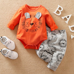 2pcs Baby Boys Lion Print Long Sleeve Onesie & Pants Set