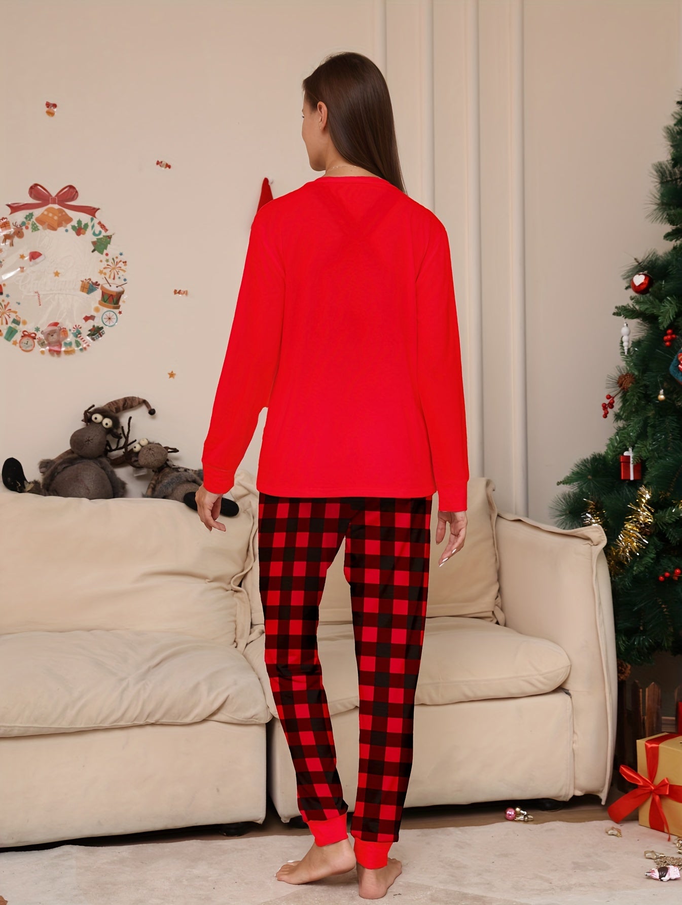Christmas Elk Print Pajama Set Long Sleeve Top & Plaid Pants