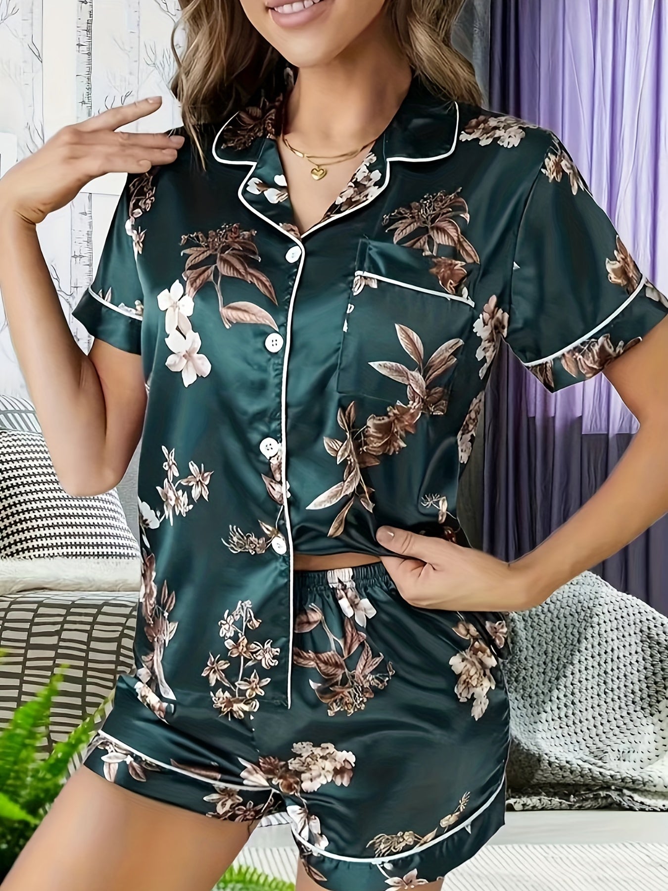 Floral Print Lounge Set Short Sleeve Top & Shorts