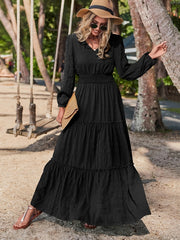 Textured Shirred Waist Dress Long Sleeve Maxi Dress