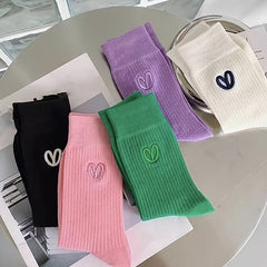 5 Pairs Heart Print Crew Socks Breathable Sports Stockings