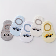 5 Pairs Baby Boys Boat Socks Cartoon Car Pattern Anti Slip Cotton Blend