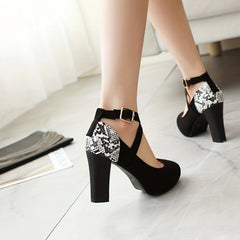 Snakeskin Cross Strap Block Heeled Sandals