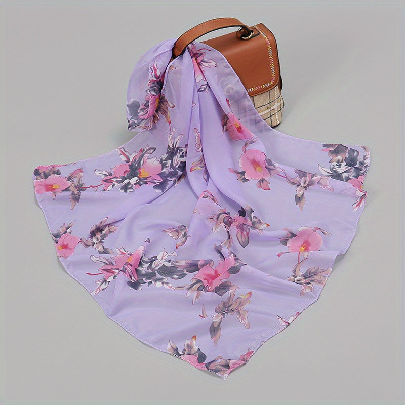 Flower Print Chiffon Scarf Square Shawl Casual Neckerchief