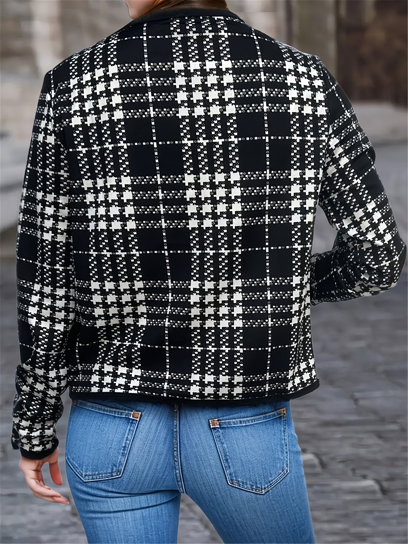 Houndstooth Print Jacket Open Front Crew Neck Long Sleeve