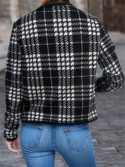 Houndstooth Print Jacket Open Front Crew Neck Long Sleeve