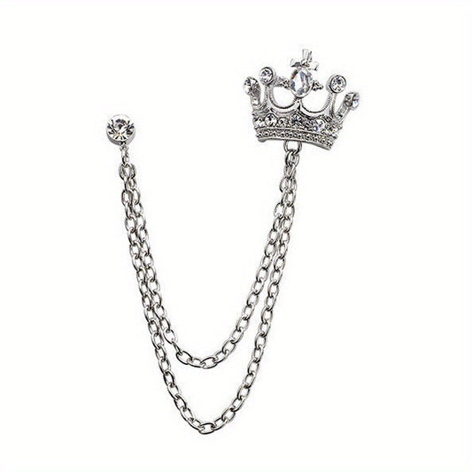 Men's Crystal Crown Tassel Brooch Pin Chain