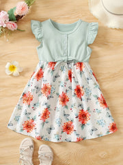 Toddler Girls Flowers Graphic Frill Trim Shirred Mesh Spliced Cami Rompers