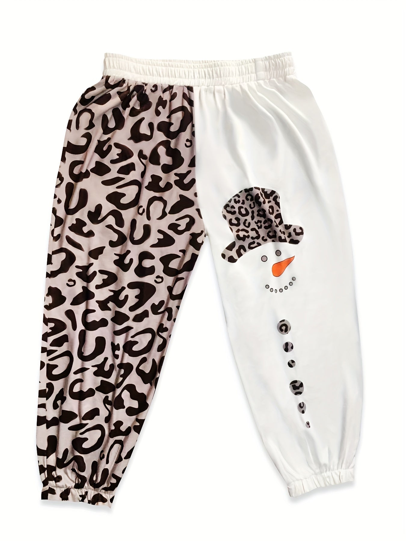 Colorblock Leopard & Snowman Print Fitness Pants