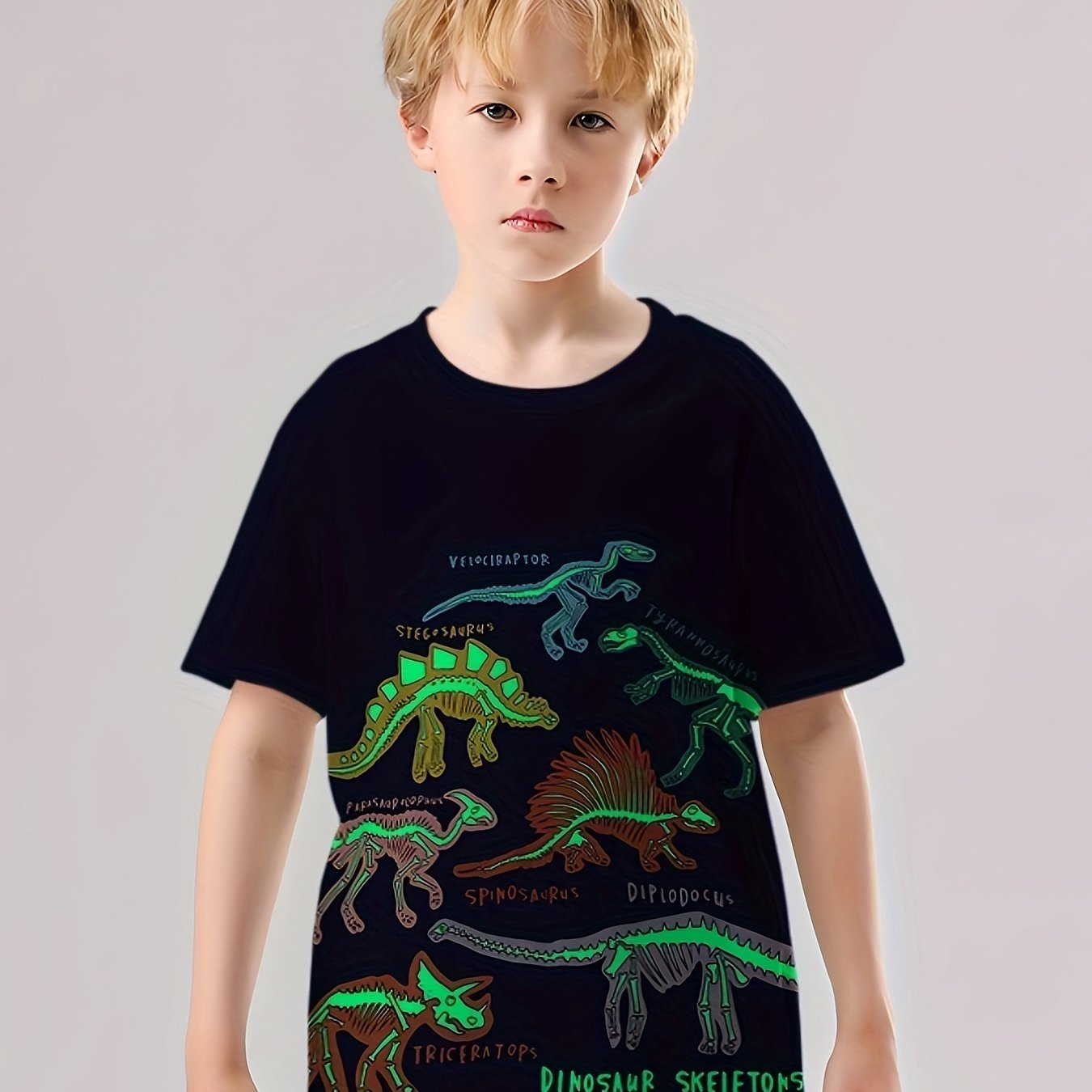 Dino Skeleton Print Boys T-Shirt Short Sleeve Tee For Kids