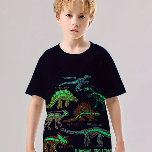 Dino Skeleton Print Boys T-Shirt Short Sleeve Tee For Kids