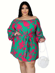 Casual Dress Women's Plus Floral Print Off Shoulder Mini Dress