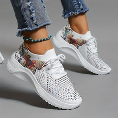 Women's Butterfly Print Sports Shoes Rhinestone Decor Low Top Running Shoes