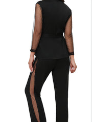 Mesh Stitching Lounge Set Long Sleeve V Neck Top & Elastic Waistband Pants
