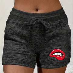 Lips Print Drawstring Shorts for Women
