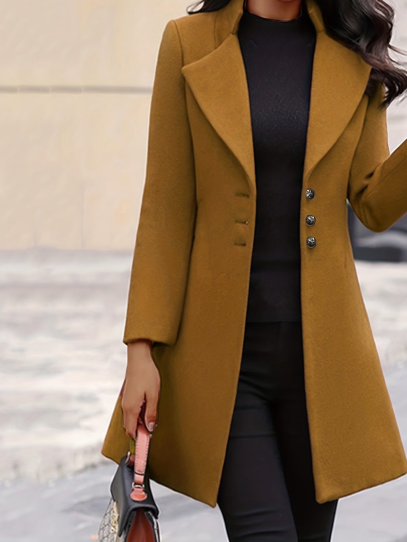 Solid Button Front Trench Coat Lapel Neck Long Sleeve Warm Coat
