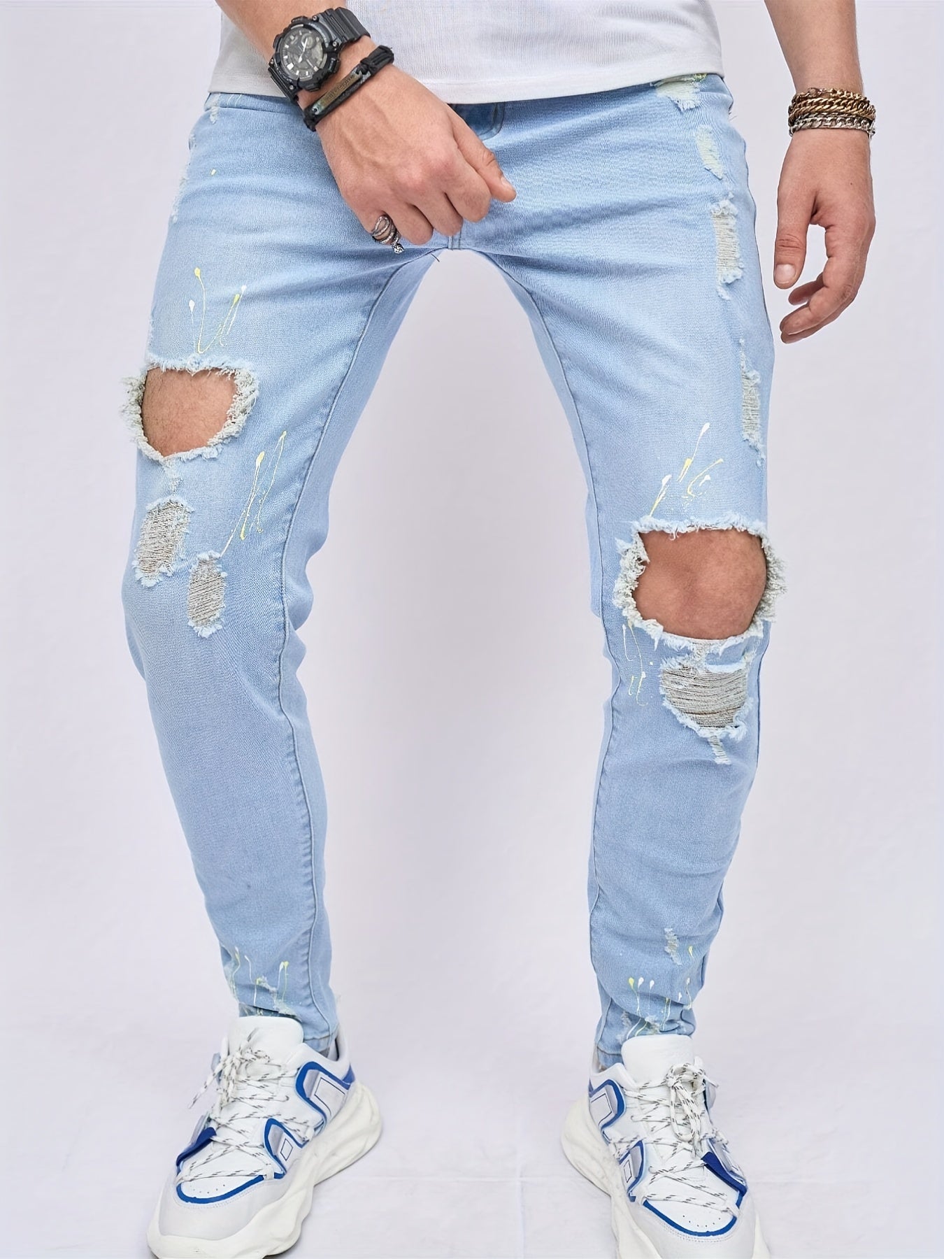 Slim Fit Ripped Jeans Mens Casual Street Style High Stretch Denim Pants